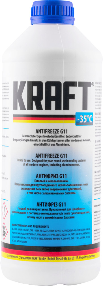 Охолоджувальна рідина KRAFT G11, готова, синій, -35°С, 1,5 л (4770202394127)